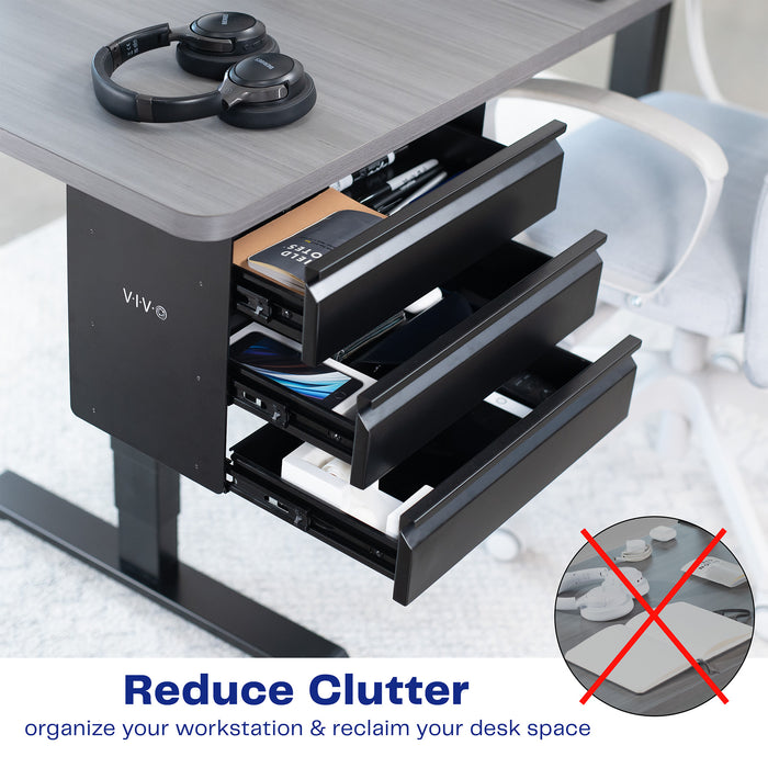 Sleek under desk storage unit with three pull-out drawers for office workstation organization.