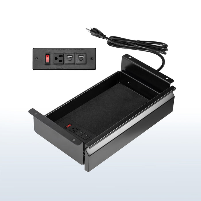 Durable versatile pullout under desk organizer drawer for extra storage with built-in power strip.