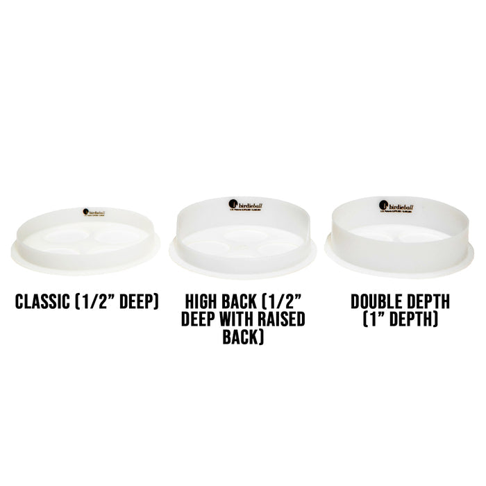 Three BirdieBall Putting Green Cups—Classic (1/2" deep), High Back (1/2" deep with raised back), and Double Depth (1" deep)—are shown side by side as cup options for your BirdieBall putting green system.