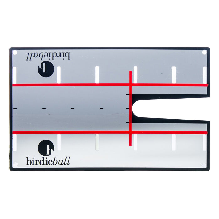 The BirdieBall Putting Mirror features red alignment lines, a cut-out slot, and a reflective surface with the BirdieBall logo—an ideal training aid to enhance your putting practice.