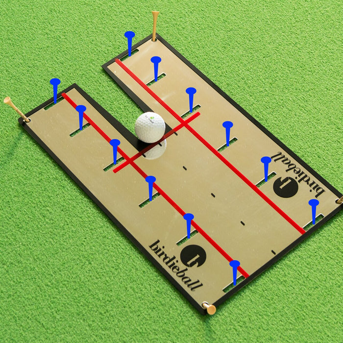The BirdieBall Putting Mirror is a golf training aid with a putting alignment board, included golf ball, blue lane boundary tees, and red guidance lines—perfect for refining your stroke on the green.