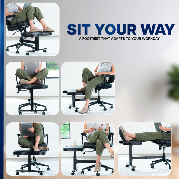 Collage of a footrest with people using it in various positions, with text 'Sit Your Way' and 'A footrest that adapts to your workday'.