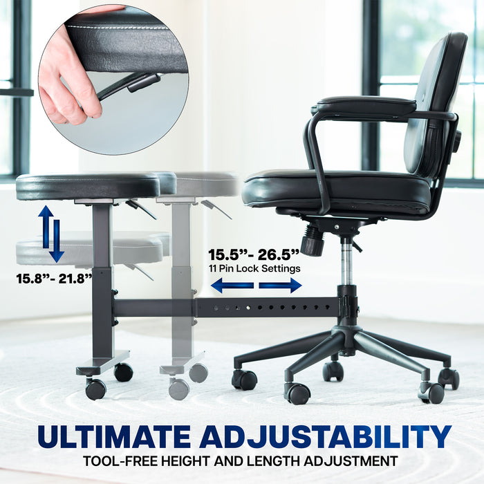 Office chair with footrest height and length adjustment features on a blurred office space background