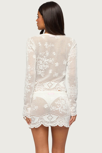Rusa Button Up Sheer Crochet Top