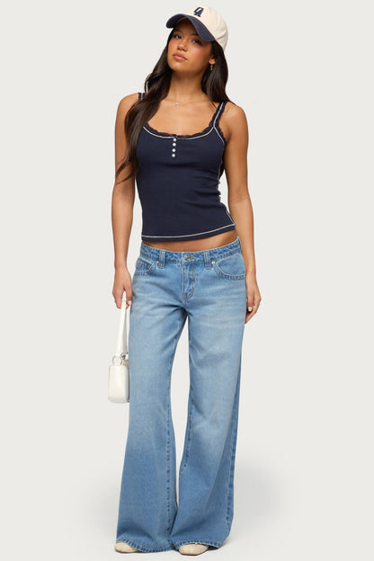 Contrast Stitched Lacey Henley Top