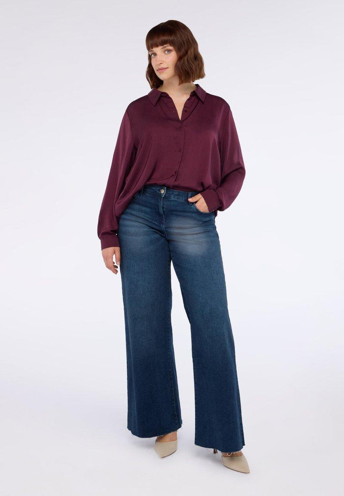 Satin V-Neck Blouse & Wide-Leg Jeans Set