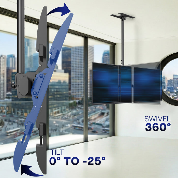 Side-by-side Dual TV mount with swivel and tilt features in a room with large windows showing a cityscape.