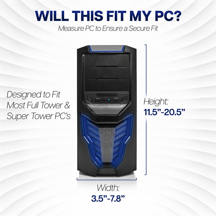 Computer tower with dimensions on a white background and text stating 'WILL THIS FIT MY PC?'.