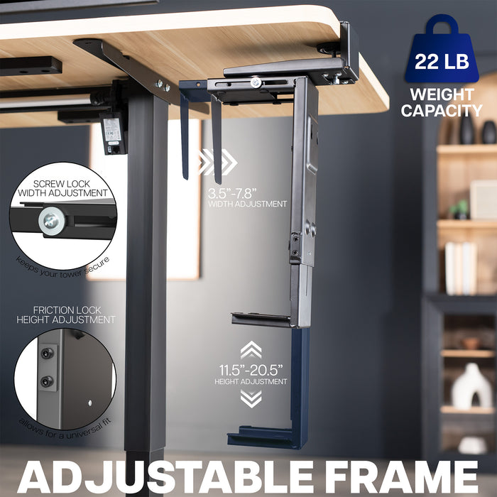 Under desk, clamp-on PC Mount with an adjustable frame with height and width adjustment features on a dark background