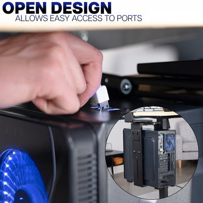 Hand plugging a USB drive into a device with 'Open Design' text above, showing internal components and easy access to the ports.