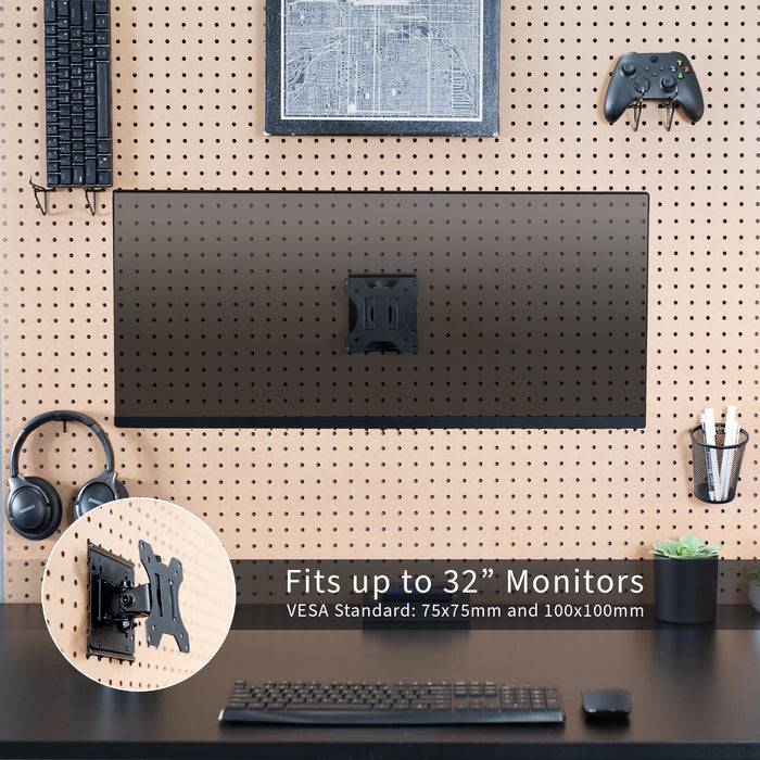 Pegboard mounted single monitor mount with tilt, swivel, and rotation.