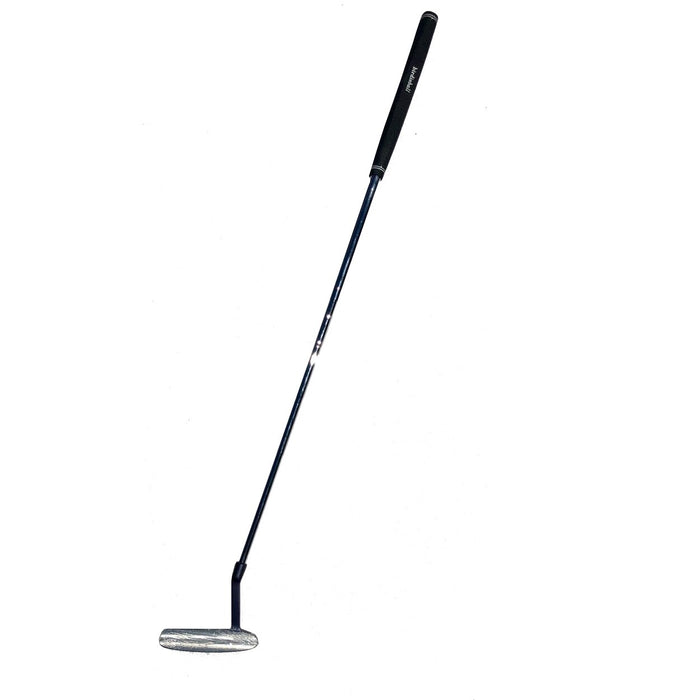 The BirdieBall Telescoping/Collapsing Travel Putter (Anser Style) features a black grip, long shaft, and flat metallic clubhead, displayed against a white background.