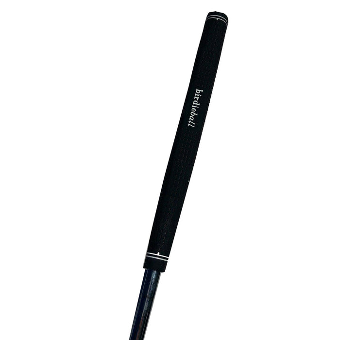 A close-up of the BirdieBall Telescoping/Collapsing Travel Putter (Anser Style) handle with a black grip labeled "birdieball" in white text, highlighting its sleek, collapsible design.