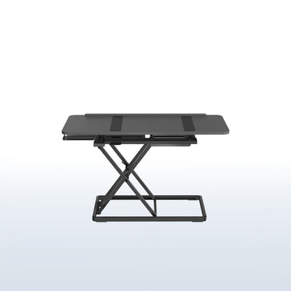 A black tilting keyboard riser with a mouse on top and the ability to adjust the angle of the keyboard surface.