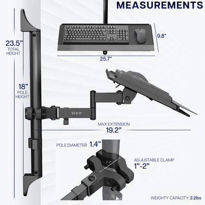 Keyboard and mouse mount with detailed measurements on a white background