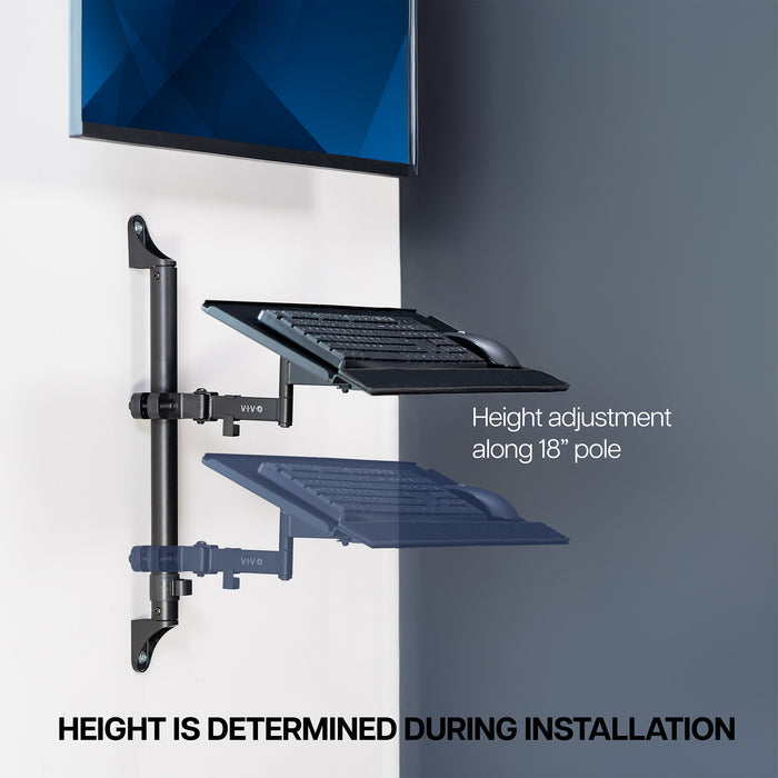 Wall-mounted adjustable keyboard tray mount with height adjustment along a 18-inch pole.