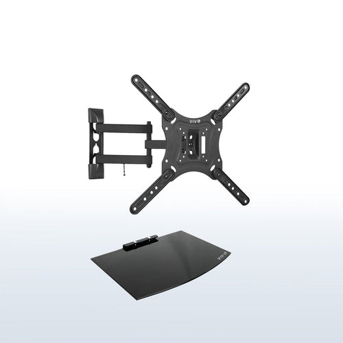 Sturdy TV wall mount with a tempered glass shelf.