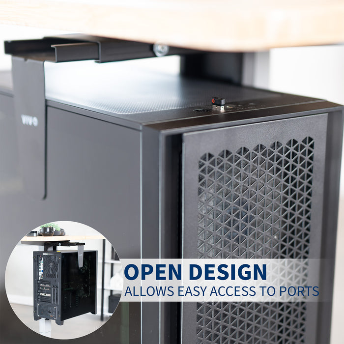 Open computer case design allows ventilation and access to ports.