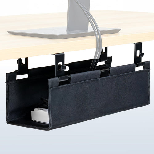 Under Desk Fabric Cable Management Tray on a light wooden desk.