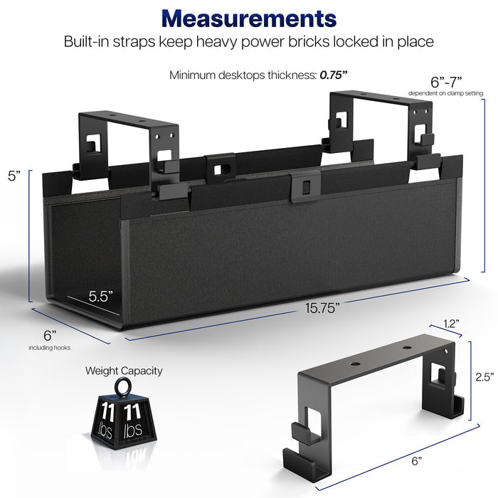 Under Desk Fabric Cable Management Tray  with measurements and specifications on a white background