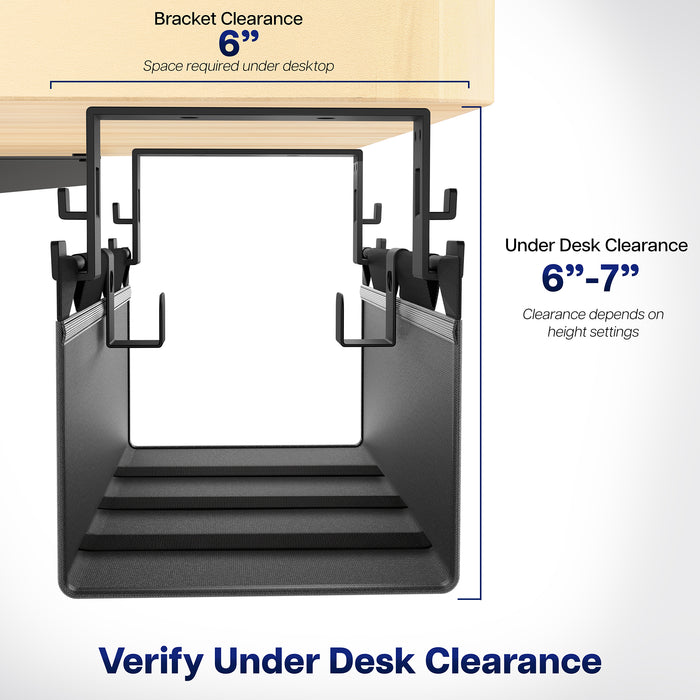 Under desk clearance measurement guide with bracket and desk illustration.