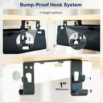 Bump-proof hook system with height options on a wooden surface