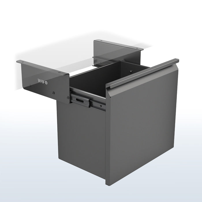 Under Desk Filing Cabinet with open drawer on a white blue gradient background
