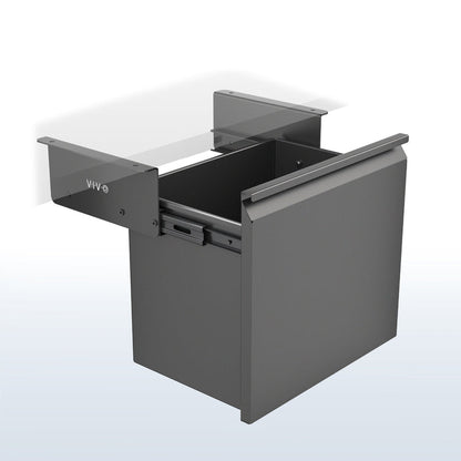 Under Desk Filing Cabinet with open drawer on a white blue gradient background