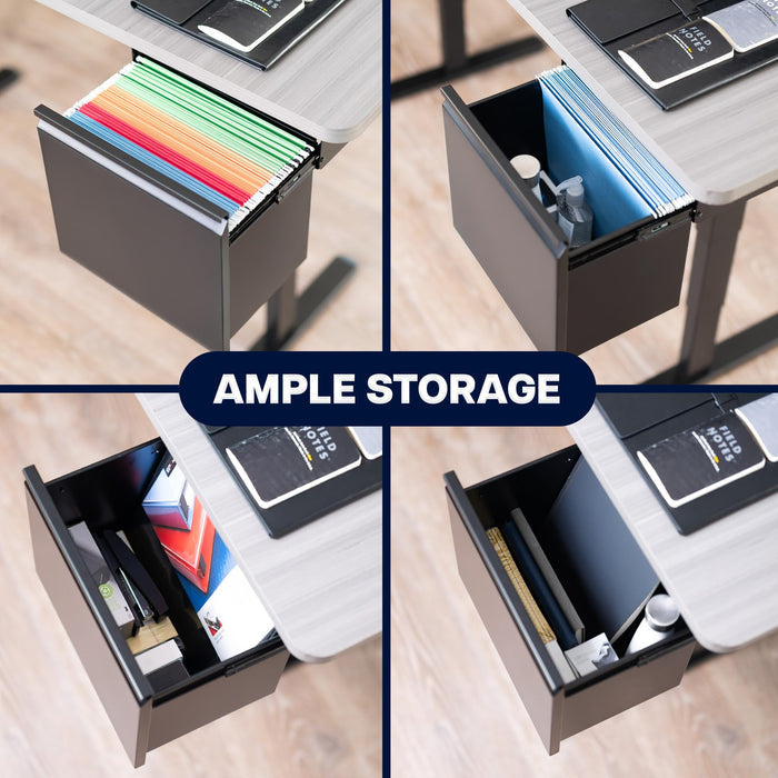 Collage of an under desk filing cabinet with various items inside, labeled 'AMPLE STORAGE'.