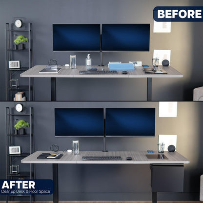 Before and after comparison of a desk setup with desk accessories showing benefit of an under desk filing cabinet to save desk and floor space.