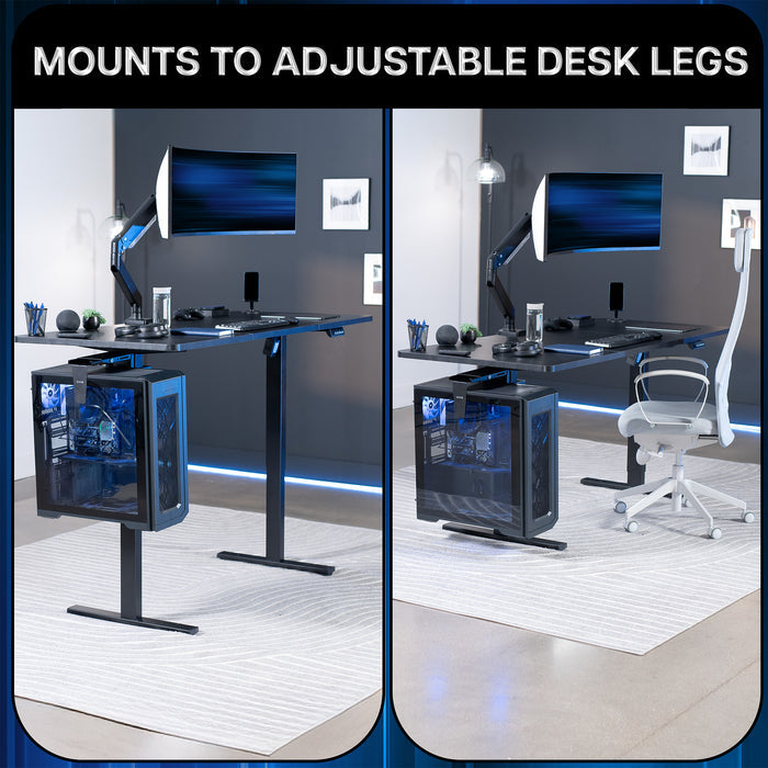 Under Desk Leg Clamp Large PC Mount that mounts to adjustable desk legs.