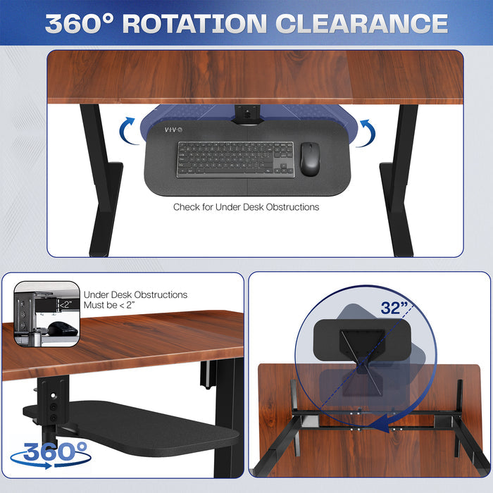 Wooden desk with keyboard tray and 360-degree rotation feature, showing under-desk clearance.