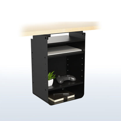 An under desk black shelving unit with multiple shelves.