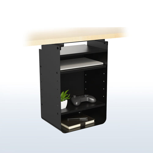 An under desk black shelving unit with multiple shelves.