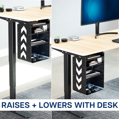 An under desk black shelving unit with multiple shelves that raises and lowers.