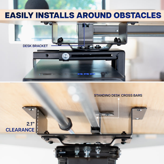 Under desk spacer bracket installation around standing desk cross bars with text indicating ease of installation.