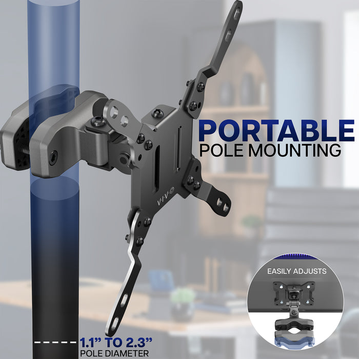 Portable VESA monitor mount securely attached to a vertical pole for flexible screen placement