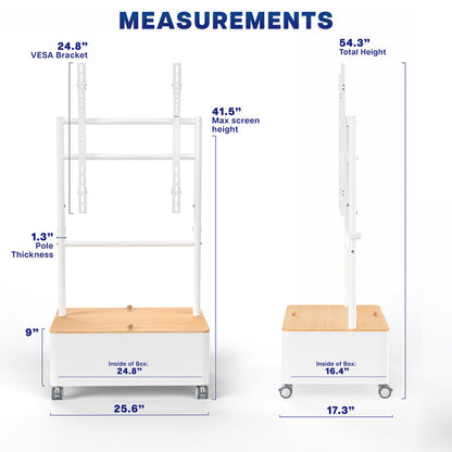 White and bamboo TV cart dimensions showing height, width, and storage measurements for 43-inch to 65-inch TVs