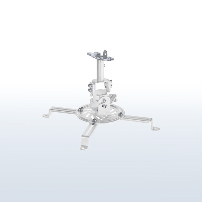 White drop ceiling projector mount with scissor clamp and adjustable mounting arms for suspended ceilings