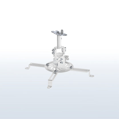White drop ceiling projector mount with scissor clamp and adjustable mounting arms for suspended ceilings