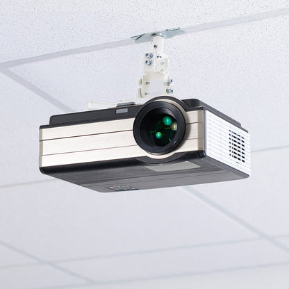 White projector ceiling mount securely holding a projector from a suspended drop ceiling