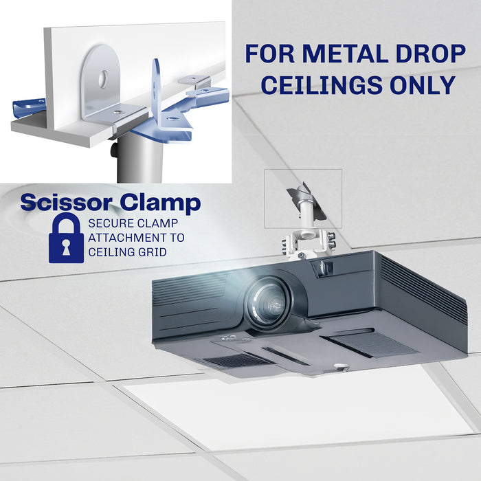 Drop ceiling projector mount with scissor clamp designed for secure attachment to metal ceiling grid systems