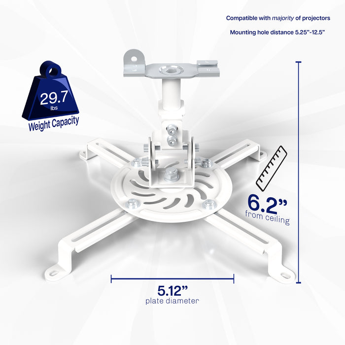 White drop ceiling projector mount dimensions showing adjustable arms and scissor clamp mounting system