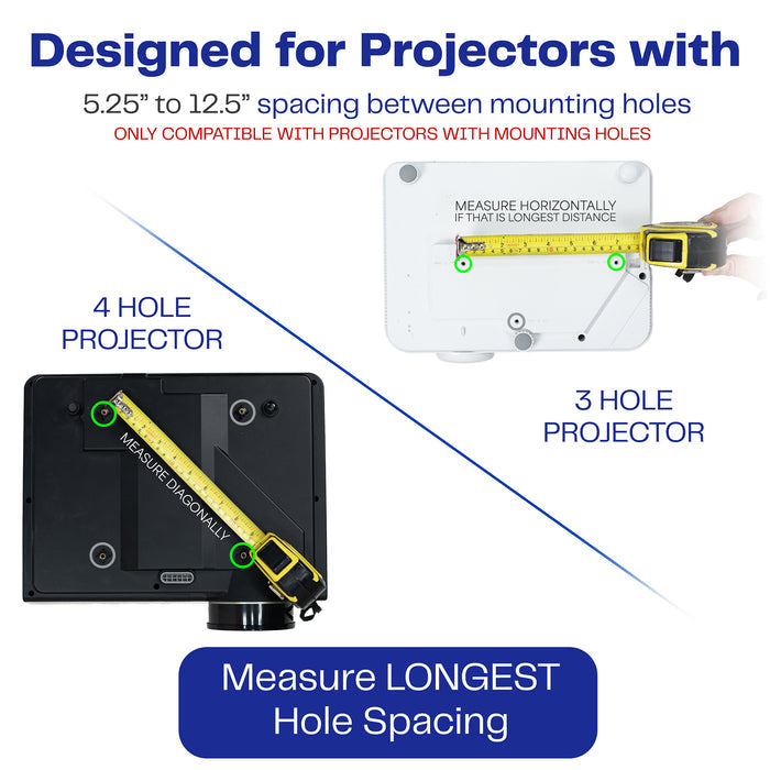 Adjustable ceiling projector mount designed for compatible projectors with multiple mounting hole patterns