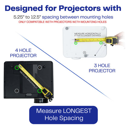 Adjustable ceiling projector mount designed for compatible projectors with multiple mounting hole patterns