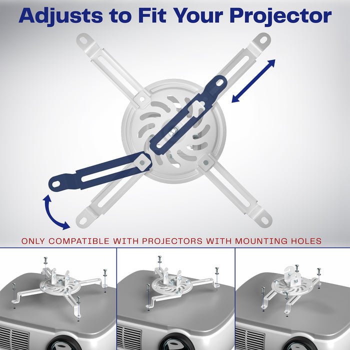 White projector ceiling mount with adjustable arms to fit different projector sizes and mounting configurations